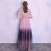 Amazing / Unique Blushing Pink Gradient-Color Navy Blue Evening Dresses  2018 A-Line / Princess V-Neck Short Sleeve Bow Sash Floor-Length / Long Ruffle Backless Formal Dresses