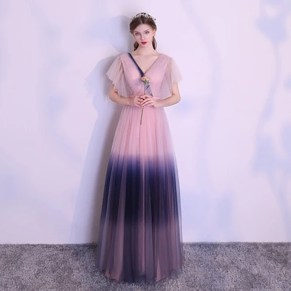 Unique Rougissant Rose Dégradé De Couleur Bleu Marine Robe De Soirée 2018 Princesse V-Cou Manches Courtes Noeud Ceinture Longue Volants Dos Nu Robe De Ceremonie