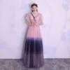 Amazing / Unique Blushing Pink Gradient-Color Navy Blue Evening Dresses  2018 A-Line / Princess V-Neck Short Sleeve Bow Sash Floor-Length / Long Ruffle Backless Formal Dresses