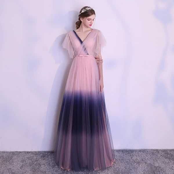 Unique Rougissant Rose Dégradé De Couleur Bleu Marine Robe De Soirée 2018 Princesse V-Cou Manches Courtes Noeud Ceinture Longue Volants Dos Nu Robe De Ceremonie