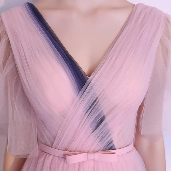 Unique Rougissant Rose Dégradé De Couleur Bleu Marine Robe De Soirée 2018 Princesse V-Cou Manches Courtes Noeud Ceinture Longue Volants Dos Nu Robe De Ceremonie