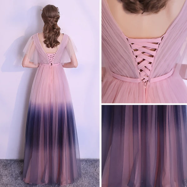 Unique Rougissant Rose Dégradé De Couleur Bleu Marine Robe De Soirée 2018 Princesse V-Cou Manches Courtes Noeud Ceinture Longue Volants Dos Nu Robe De Ceremonie