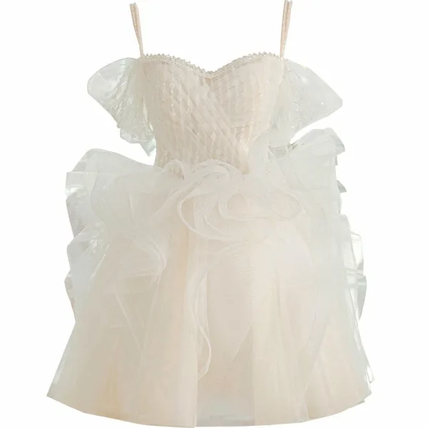 Charmant Beige Perlenstickerei Fallende Rüsche Kurze Partykleider 2024 Ballkleid Spaghettiträger Kurze Ärmel Rückenfreies Festliche Kleider