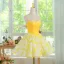 Chic / Belle Jaune Courte de retour Robe De Fête 2024 Robe De Graduation Bustier Sans Manches Dos Nu Tulle