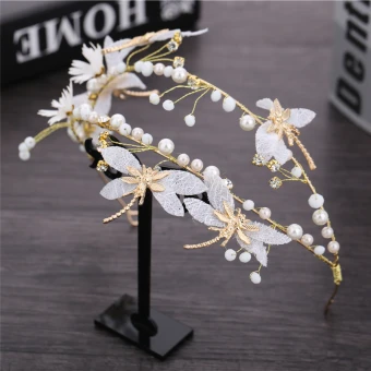 Chic Beautiful Gold Metal Accessories 2018 Butterfly Pearl Rhinestone Tiara
