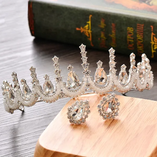 Chic / Beautiful Silver Metal Accessories 2018 Crystal Rhinestone Tiara Earrings Bridal Jewelry