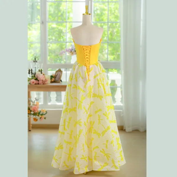 long yellow evening dress Elegant Yellow Backless Lace Prom Dress,Yellow Formal Gown fg4830 main image 1
