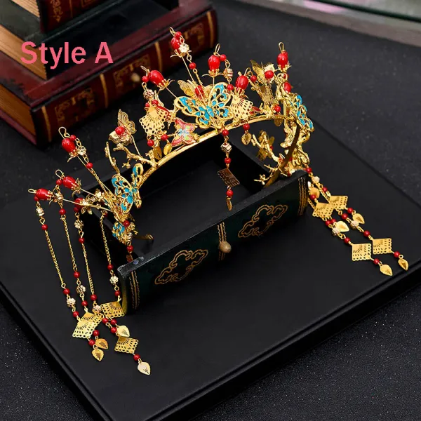 Chinese style Red Gold Metal Accessories 2018 Butterfly Tassel Tiara Bridal Jewelry