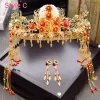 Chinese style Red Gold Metal Accessories 2018 Butterfly Tassel Tiara Bridal Jewelry