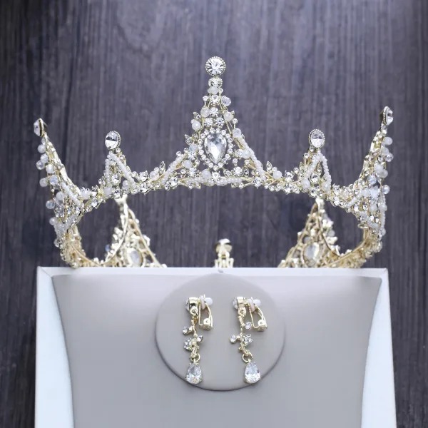 Luksusowe Złote Metal Akcesoria 2018 Kryształ Rhinestone Frezowanie Perła Tiara Kolczyki Biżuteria Ślubna
