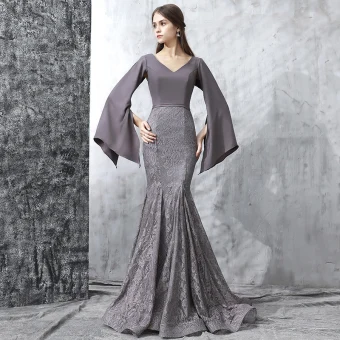 Élégant Gris Robe De Soirée 2017 Trompette Sirène Train De Balayage Volants En Cascade V Cou Manches Longues Dos Nu Bretelles Croisées Dentelle Brodé Satin Ceinture Robe De Ceremonie