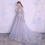 Elegant Summer Silver Evening Dresses  2018 A-Line / Princess Spaghetti Straps Strapless Short Sleeve Appliques Lace Pearl Chapel Train Ruffle Backless Formal Dresses