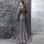 Élégant Gris Robe De Soirée 2017 Trompette / Sirène Train De Balayage Volants en Cascade V-Cou Manches Longues Dos Nu Bretelles croisées Dentelle Brodé Satin Ceinture Robe De Ceremonie