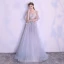 Elegant Summer Silver Evening Dresses  2018 A-Line / Princess Spaghetti Straps Strapless Short Sleeve Appliques Lace Pearl Chapel Train Ruffle Backless Formal Dresses