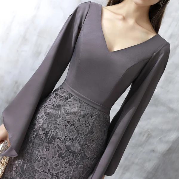 Élégant Gris Robe De Soirée 2017 Trompette / Sirène Train De Balayage Volants en Cascade V-Cou Manches Longues Dos Nu Bretelles croisées Dentelle Brodé Satin Ceinture Robe De Ceremonie