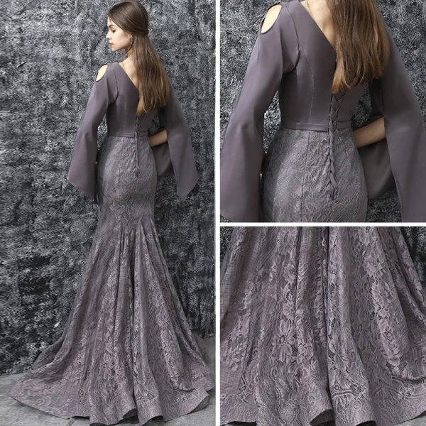 Élégant Gris Robe De Soirée 2017 Trompette / Sirène Train De Balayage Volants en Cascade V-Cou Manches Longues Dos Nu Bretelles croisées Dentelle Brodé Satin Ceinture Robe De Ceremonie