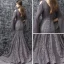 Élégant Gris Robe De Soirée 2017 Trompette / Sirène Train De Balayage Volants en Cascade V-Cou Manches Longues Dos Nu Bretelles croisées Dentelle Brodé Satin Ceinture Robe De Ceremonie
