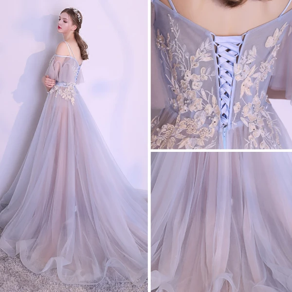 Elegant Summer Silver Evening Dresses 2018 A-Line / Princess Spaghetti Straps Strapless Short Sleeve Appliques Lace Pearl Chapel Train Ruffle Backless Formal Dresses