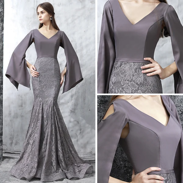 Élégant Gris Robe De Soirée 2017 Trompette / Sirène Train De Balayage Volants en Cascade V-Cou Manches Longues Dos Nu Bretelles croisées Dentelle Brodé Satin Ceinture Robe De Ceremonie