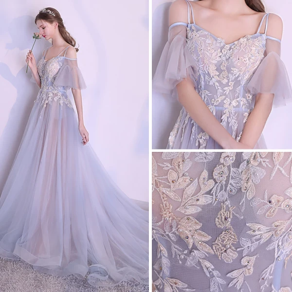 Elegant Summer Silver Evening Dresses 2018 A-Line / Princess Spaghetti Straps Strapless Short Sleeve Appliques Lace Pearl Chapel Train Ruffle Backless Formal Dresses
