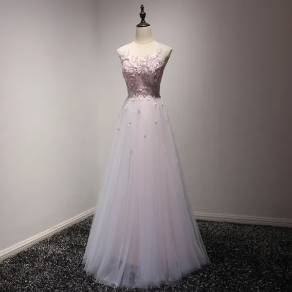 Mode Rodnande Rosa Hemkomst Studentklänningar 2017 Prinsessa Långa Cascading Volanger Urringning Ärmlös Halterneck Appliqués Blomma Pärla Rhinestone Pierced Formella Klänningar