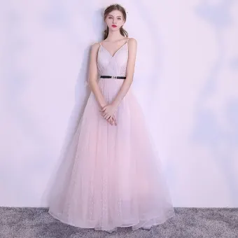 Moderne Mode Été Perle Rose Tachetée Robe De Soirée 2018 Princesse V Cou Bretelles Spaghetti Sans Manches Métal Ceinture Tribunal Train Volants Dos Nu Robe De Ceremonie