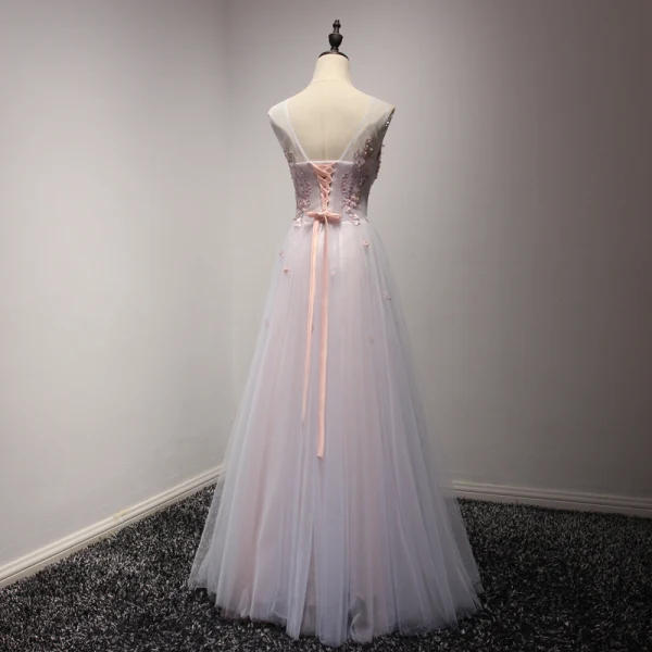 Modern / Fashion Blushing Pink Homecoming Graduation Dresses 2017 A-Line / Princess Floor-Length / Long Cascading Ruffles Scoop Neck Sleeveless Backless Appliques Flower Pearl Rhinestone Pierced Formal Dresses