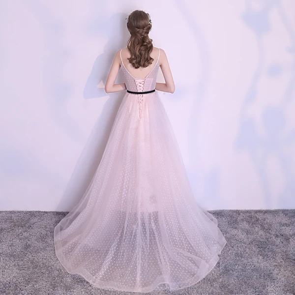 Modern / Fashion Summer Pearl Pink Spotted Evening Dresses 2018 A-Line / Princess V-Neck Spaghetti Straps Sleeveless Metal Sash Court Train Ruffle Backless Formal Dresses
