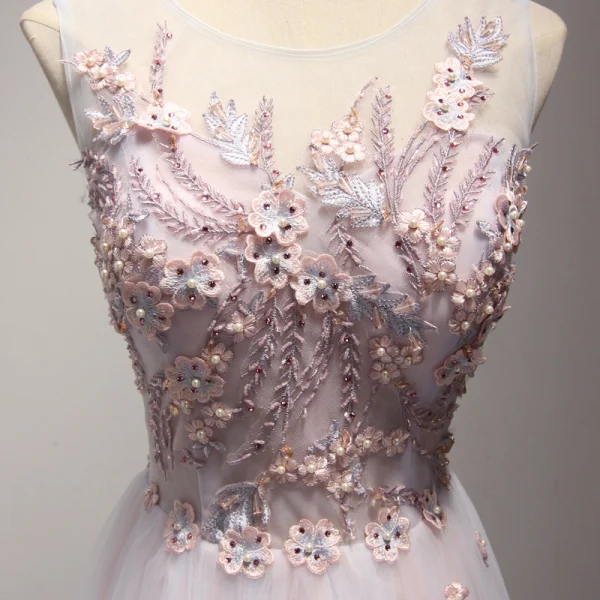 Modern / Fashion Blushing Pink Homecoming Graduation Dresses 2017 A-Line / Princess Floor-Length / Long Cascading Ruffles Scoop Neck Sleeveless Backless Appliques Flower Pearl Rhinestone Pierced Formal Dresses