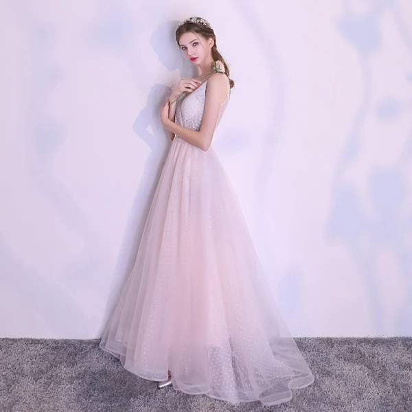 Modern / Fashion Summer Pearl Pink Spotted Evening Dresses 2018 A-Line / Princess V-Neck Spaghetti Straps Sleeveless Metal Sash Court Train Ruffle Backless Formal Dresses