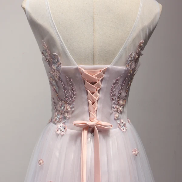 Modern / Fashion Blushing Pink Homecoming Graduation Dresses 2017 A-Line / Princess Floor-Length / Long Cascading Ruffles Scoop Neck Sleeveless Backless Appliques Flower Pearl Rhinestone Pierced Formal Dresses