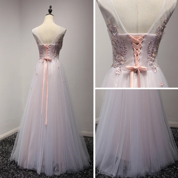 Modern / Fashion Blushing Pink Homecoming Graduation Dresses 2017 A-Line / Princess Floor-Length / Long Cascading Ruffles Scoop Neck Sleeveless Backless Appliques Flower Pearl Rhinestone Pierced Formal Dresses
