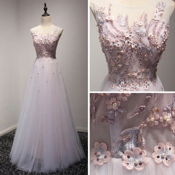Modern / Fashion Blushing Pink Homecoming Graduation Dresses 2017 A-Line / Princess Floor-Length / Long Cascading Ruffles Scoop Neck Sleeveless Backless Appliques Flower Pearl Rhinestone Pierced Formal Dresses