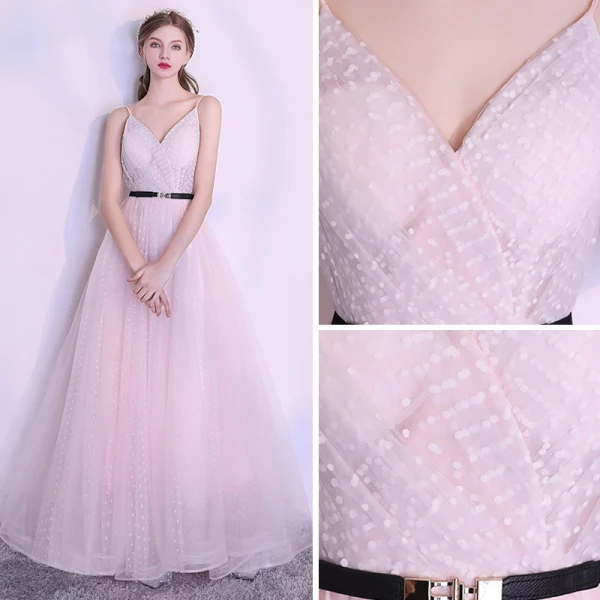 Modern / Fashion Summer Pearl Pink Spotted Evening Dresses 2018 A-Line / Princess V-Neck Spaghetti Straps Sleeveless Metal Sash Court Train Ruffle Backless Formal Dresses