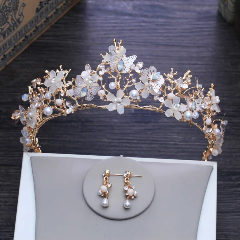 Unique Schmetterling Blumen Gold Diadem 2018 Metall Perle Strass Ohrringe Brautschmuck Brautaccessoires
