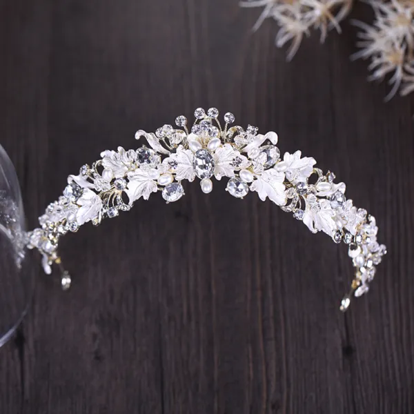 Amazing / Unique Leaf Silver Tiara 2018 Metal Crystal Pearl Rhinestone Accessories
