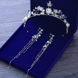 Eenvoudige Zilveren Metaal Bruidssieraden 2018 Kristal Parel Rhinestone Tiara Kwast Oorbellen Huwelijk Accessoires