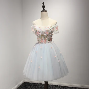 Chic Beautiful Sky Blue Party Dresses 2017 Short Ball Gown Cascading Ruffles Off The Shoulder Short Sleeve Backless Appliques Flower Beading Crystal Formal Dresses
