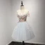 Chic / Belle Bleu Ciel Robe De Fete 2017 Courte Robe Boule Volants en Cascade De l'épaule Manches Courtes Dos Nu Appliques Fleur Perlage Cristal Robe De Ceremonie