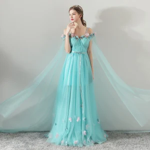 Flower Fairy Pool Blue Summer Evening Dresses 2018 A Line Princess Spaghetti Straps Strapless Short Sleeve Appliques Flower Sash Watteau Train Ruffle Backless Formal Dresses