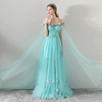 Flower Fairy Pool Blue Summer Evening Dresses 2018 A Line Princess Spaghetti Straps Strapless Short Sleeve Appliques Flower Sash Watteau Train Ruffle Backless Formal Dresses