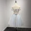 Chic / Belle Bleu Ciel Robe De Fete 2017 Courte Robe Boule Volants en Cascade De l'épaule Manches Courtes Dos Nu Appliques Fleur Perlage Cristal Robe De Ceremonie