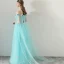 Flower Fairy Pool Blue Summer Evening Dresses  2018 A-Line / Princess Spaghetti Straps Strapless Short Sleeve Appliques Flower Sash Watteau Train Ruffle Backless Formal Dresses