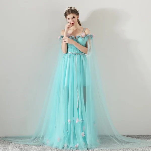 Flower Fairy Pool Blue Summer Evening Dresses 2018 A-Line / Princess Spaghetti Straps Strapless Short Sleeve Appliques Flower Sash Watteau Train Ruffle Backless Formal Dresses