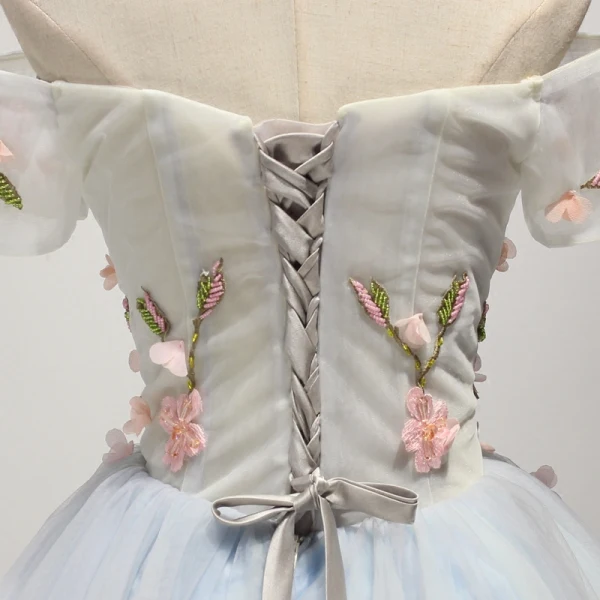 Chic / Belle Bleu Ciel Robe De Fete 2017 Courte Robe Boule Volants en Cascade De l'épaule Manches Courtes Dos Nu Appliques Fleur Perlage Cristal Robe De Ceremonie