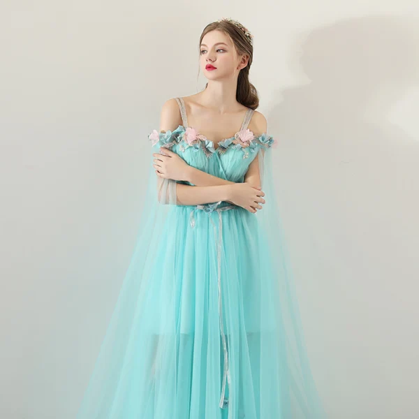 Flower Fairy Pool Blue Summer Evening Dresses 2018 A-Line / Princess Spaghetti Straps Strapless Short Sleeve Appliques Flower Sash Watteau Train Ruffle Backless Formal Dresses