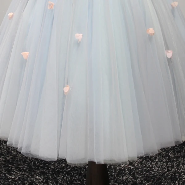 Chic / Belle Bleu Ciel Robe De Fete 2017 Courte Robe Boule Volants en Cascade De l'épaule Manches Courtes Dos Nu Appliques Fleur Perlage Cristal Robe De Ceremonie