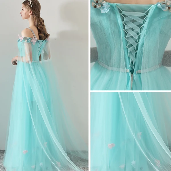 Flower Fairy Pool Blue Summer Evening Dresses 2018 A-Line / Princess Spaghetti Straps Strapless Short Sleeve Appliques Flower Sash Watteau Train Ruffle Backless Formal Dresses