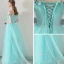 Flower Fairy Pool Blue Summer Evening Dresses  2018 A-Line / Princess Spaghetti Straps Strapless Short Sleeve Appliques Flower Sash Watteau Train Ruffle Backless Formal Dresses