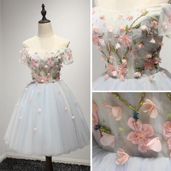 Chic / Belle Bleu Ciel Robe De Fete 2017 Courte Robe Boule Volants en Cascade De l'épaule Manches Courtes Dos Nu Appliques Fleur Perlage Cristal Robe De Ceremonie